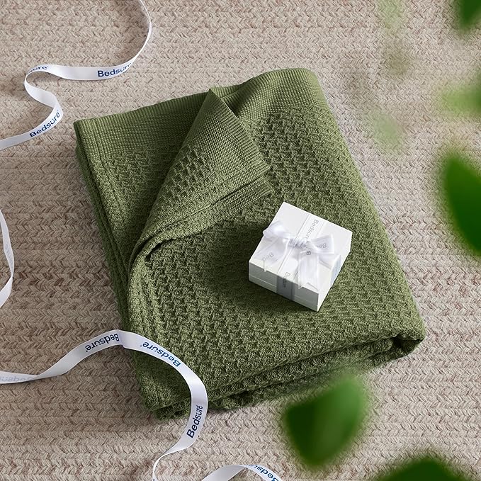 Bedsure Gentlesoft 100% Cotton Large Throw Blanket for Couch 50x70 inches - Breathable and Soft, Waffle Weave Throw Blanket for Office, Olive Green