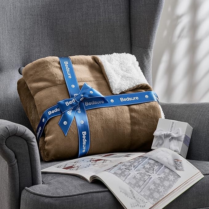 Bedsure Sherpa Fleece Blankets Queen Size for Bed - Thick and Warm, Soft Fuzzy Plush Queen Blanket for Winter, Camel, 90x90 Inches