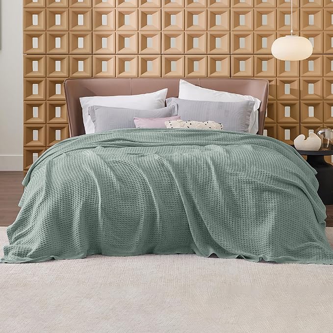 Bedsure Gentlesoft 100% Cotton Blanket King Size for Bed - Breathable and Soft, Waffle Weave Blanket for Summer, Thick Cozy Fall Blankets for Women Gift, Sage Green, 104x90 inches