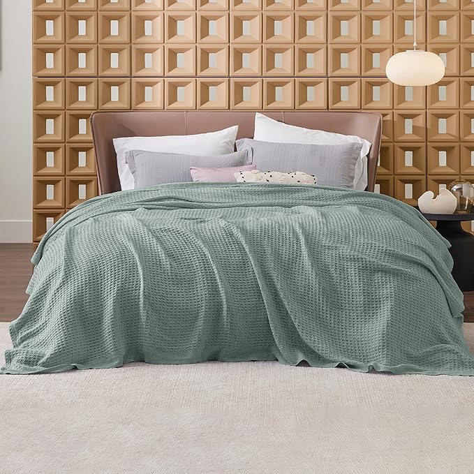 Bedsure Gentlesoft 100% Cotton Blanket Queen Size for Bed - Breathable and Soft, Waffle Weave Blanket for Summer, Thick Cozy Fall Blankets for Women Gift, Sage Green, 90x90 Inches