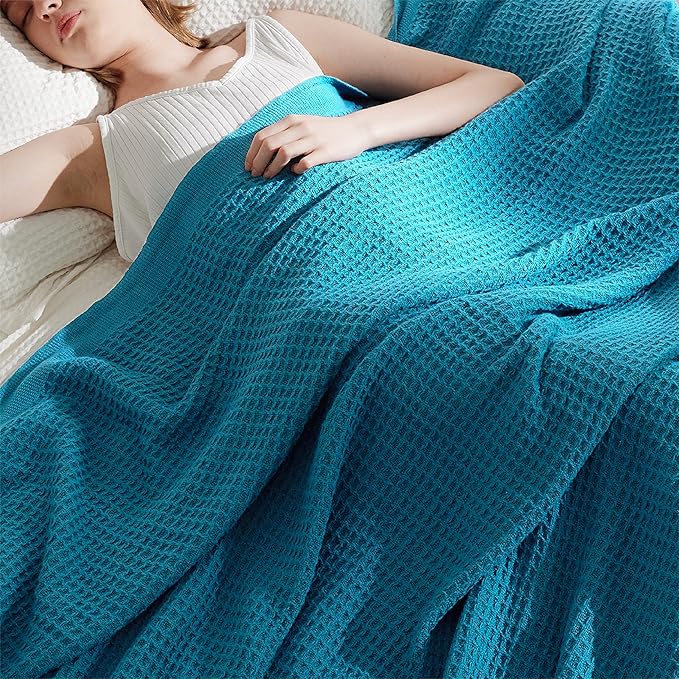 Bedsure Gentlesoft 100% Cotton Blanket Queen Size for Bed - Breathable and Soft, Waffle Weave Blanket for Summer, Thick Cozy Fall Blankets for Women Gift, Teal, 90x90 Inches