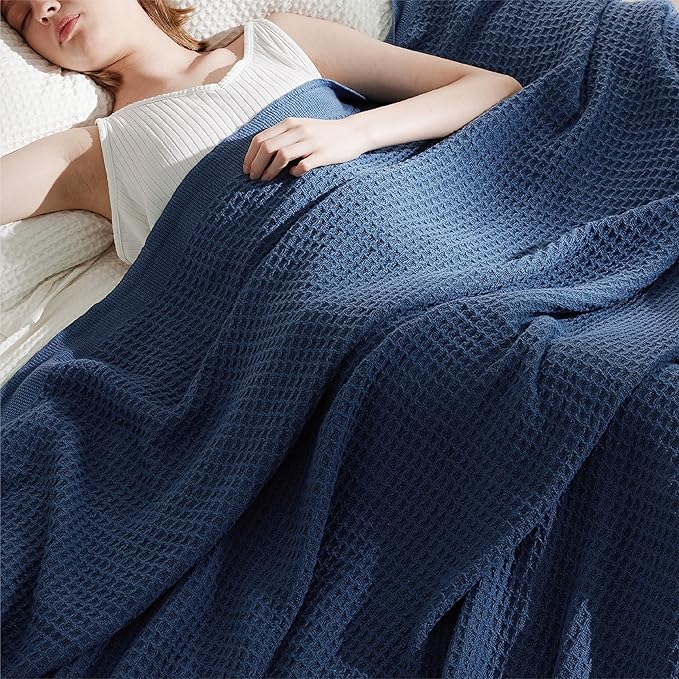 Bedsure Gentlesoft 100% Cotton Blanket Queen Size for Bed - Breathable and Soft, Waffle Weave Blanket for Summer, Thick Cozy Fall Blankets for Women Gift, Navy, 90x90 Inches