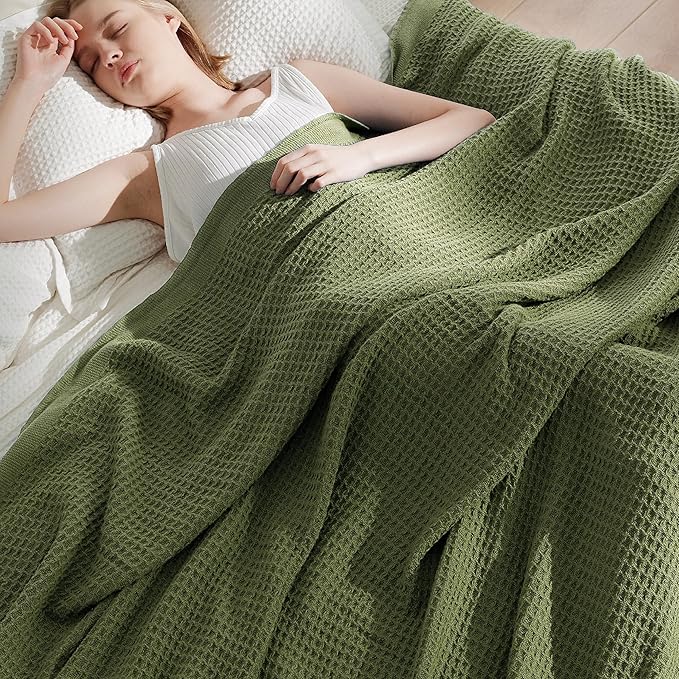 Bedsure Gentlesoft 100% Cotton Large Blanket Oversized King for Bed - Breathable Thick Waffle Weave Blanket for Summer, Couch Cover, Olive Green, 120x94 inches