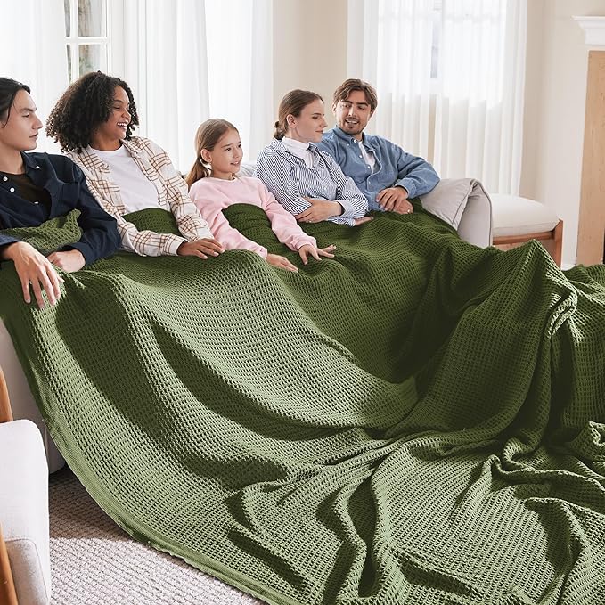 Bedsure Gentlesoft 100% Cotton Large Blanket Oversized King for Bed - Breathable Thick Waffle Weave Blanket for Summer, Couch Cover, Olive Green, 120x94 inches