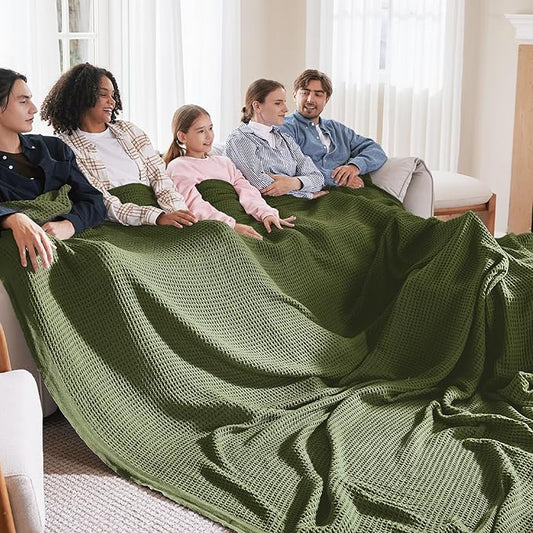 Bedsure Gentlesoft 100% Cotton Large Blanket Oversized King for Bed - Breathable Thick Waffle Weave Blanket for Summer, Couch Cover, Olive Green, 120x94 inches