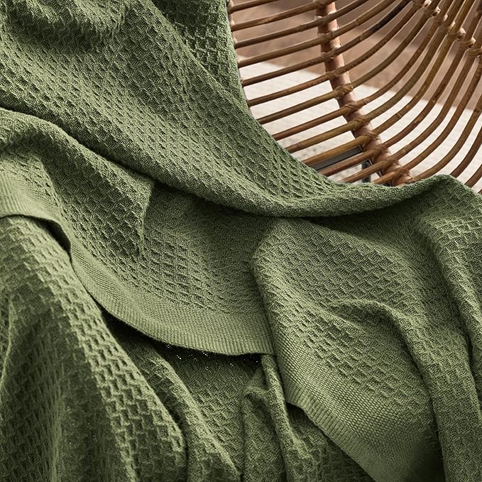 Bedsure Gentlesoft 100% Cotton Blanket Queen Size for Bed - Breathable and Soft, Waffle Weave Blanket for Summer, Thick Cozy Fall Blankets for Women Gift, Olive Green, 90x90 Inches