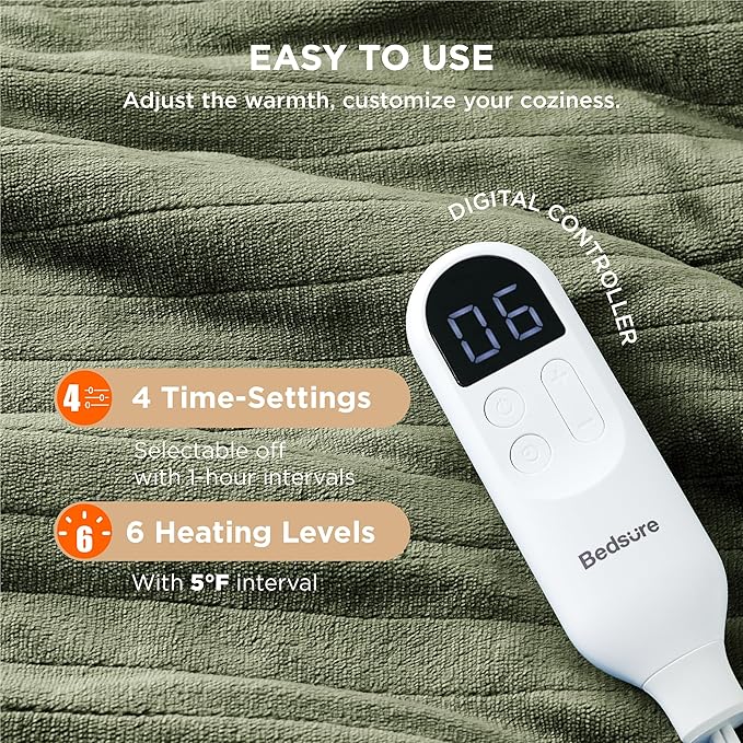 Bedsure Heated Blanket Throw Blanket - Fast Heating Electric Blanket, Soft Flannel Heated Throw with 4 Time Settings, 6 Heating Settings, Warm Gifts for Grandma (50x60 inches, Olive Green)