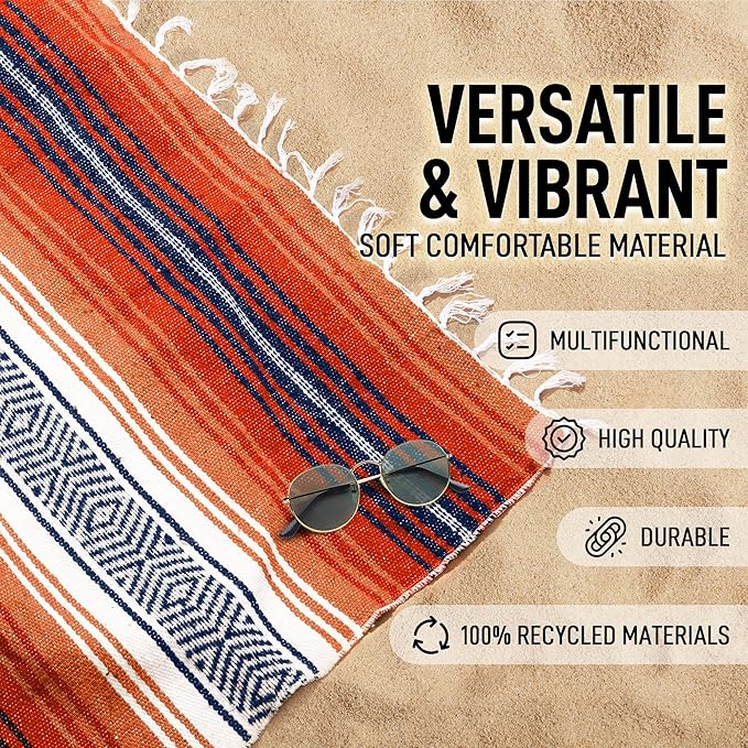 Hydration Nation Authentic Large Handwoven Mexican Blanket - Soft Yoga- Durable Serape- Lightweight Falsa, Beach, Camping, Picnic, Outdoor Blanket 70"x50" - Orange Gold