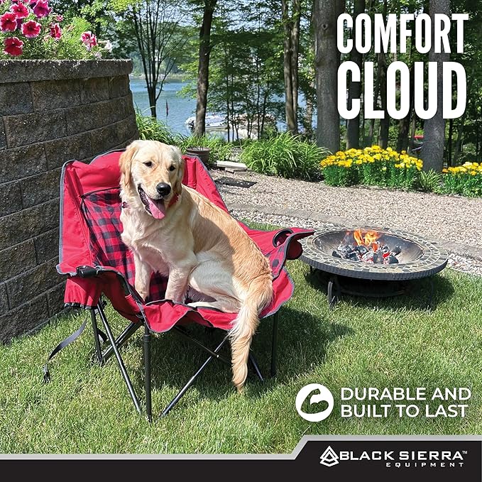 Black Sierra Plush XL Camping Chair for Adults, Oversized Outdoor Folding Chair Supports 400 lbs, Heavy Duty Padded Seat with Cup Holders and Carry Bag, Perfect for Tailgating, Sports, or Patio Use