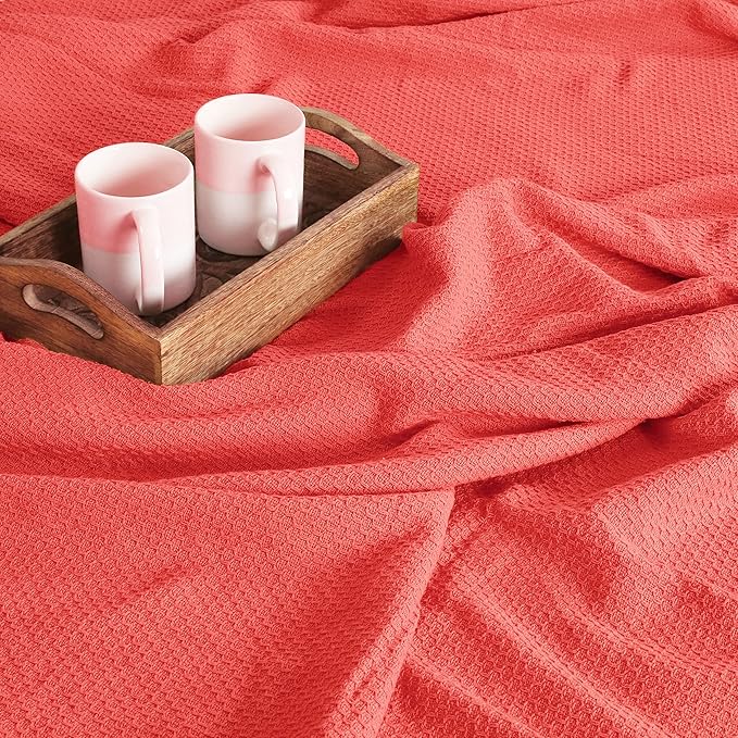 BOUTIQUO 100% Cotton Bed Blanket, Breathable Thermal Blanket King Size, Soft Honeycomb Waffle Blanket 90"x102", Cotton Bed Blanket, Perfect for Layering Any Bed for All Season, Coral