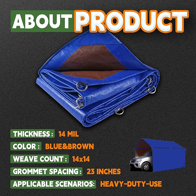 RAINDEWAY Tarp 8x10 Feet Heavy Duty Tarps 14 Mils with Metal Rings and Reinforced Corners and Edges,Waterproof,UV Resistant, Multipurpose Poly Tarp,Blue/Brown tarp