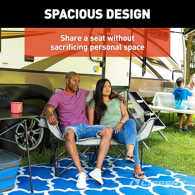 Lippert Campfire Folding Loveseat with 500-lb. Weight Capacity, Carry Bag, Durable Mesh Fabrics, High-Loft Cushioning, Storage Pocket, Dual Cupholders, Stemmed Wine Glass Holder (Sand) - 2021000205