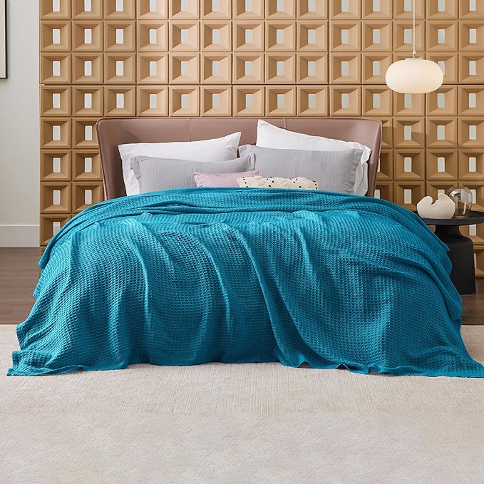 Bedsure Gentlesoft 100% Cotton Blanket Queen Size for Bed - Breathable and Soft, Waffle Weave Blanket for Summer, Thick Cozy Fall Blankets for Women Gift, Teal, 90x90 Inches