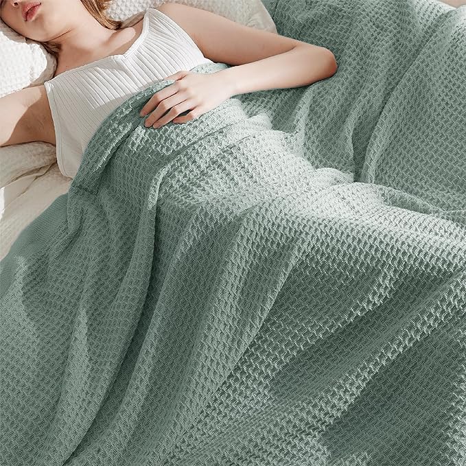 Bedsure Gentlesoft 100% Cotton Blanket King Size for Bed - Breathable and Soft, Waffle Weave Blanket for Summer, Thick Cozy Fall Blankets for Women Gift, Sage Green, 104x90 inches