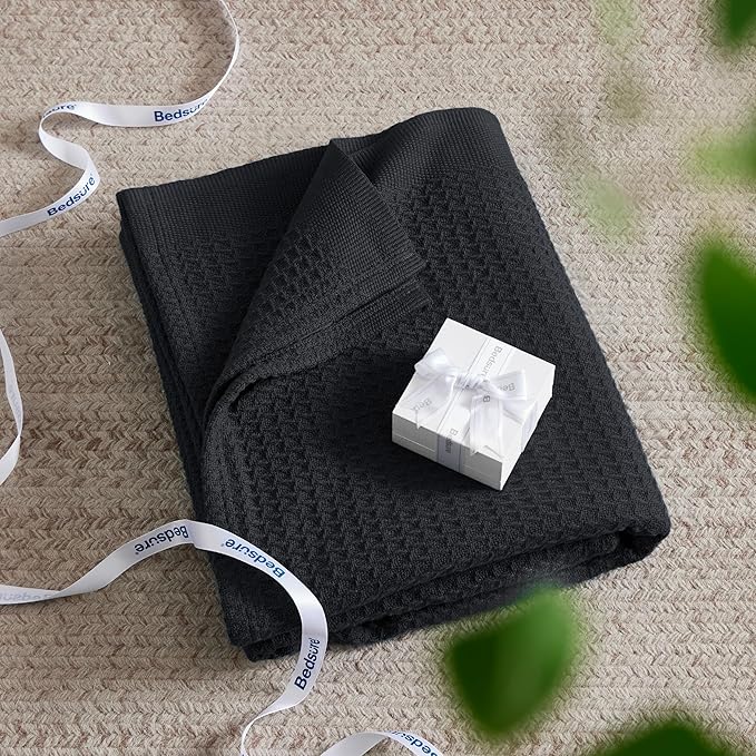 Bedsure Gentlesoft 100% Cotton Blanket Twin XL Size for College Dorm - Breathable and Soft, Waffle Weave Twin Blanket for Summer, Dorm Room Essentials, Black, 66x90 inches