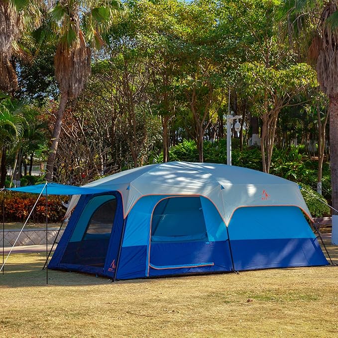 KTT Extra Large Tent 6-10-12-14 Person(B),Family Cabin Tents,2 Rooms,3 Doors and 3 Windows with Mesh,Straight Wall,Waterproof,Double Layer,Big Tent for Outdoor,Picnic,Camping,Family Gathering