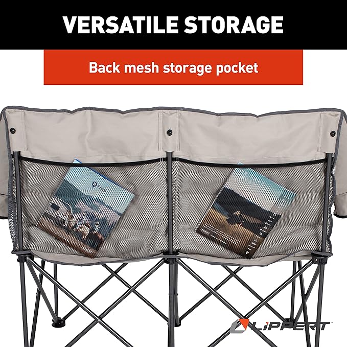 Lippert Campfire Folding Loveseat with 500-lb. Weight Capacity, Carry Bag, Durable Mesh Fabrics, High-Loft Cushioning, Storage Pocket, Dual Cupholders, Stemmed Wine Glass Holder (Sand) - 2021000205