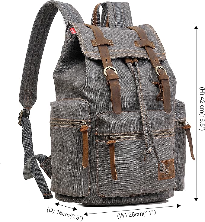 HuaChen Vintage Canvas Travel Backpack with Leather Trim, Laptop Padded Sleeve, Hidden Back Security Pocket, Fits 14-Inch, M32 Gray