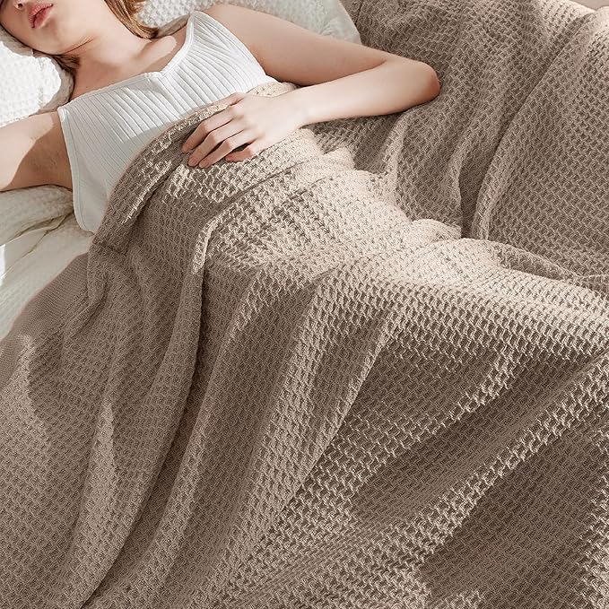 Bedsure Gentlesoft 100% Cotton Large Throw Blanket for Couch 50x70 inches - Breathable and Soft, Waffle Weave Throw Blanket for Office, Taupe