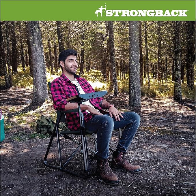 STRONGBACK Outdoor Chair Director Portable Camping Chair with Lumbar Support and Side Table - Heavy-Duty Foldable Chair - Black