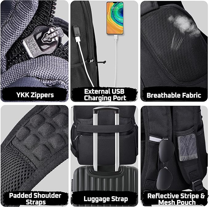 MOZETO Laptop Lunch Backpack for Men, Tactical Inspired Utility Anti-Theft Work Bag with Cooler Compartment Lunchbox (Black, 17 Inch)